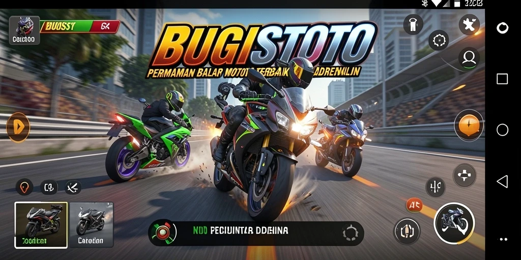 Gameplay BUGISTOTO yang mendebarkan dengan berbagai trek balap.