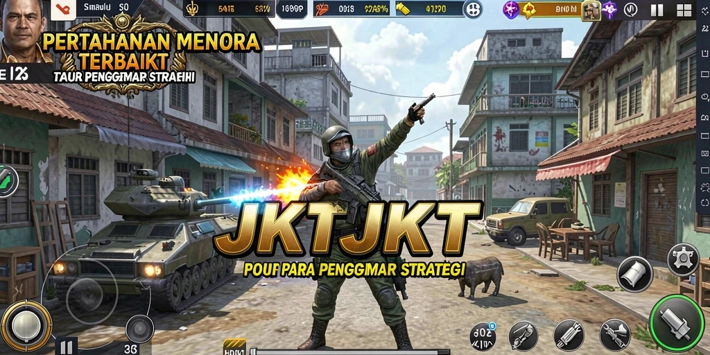 Screenshot gameplay JKTJKT menampilkan menara yang kuat berperang melawan musuh.