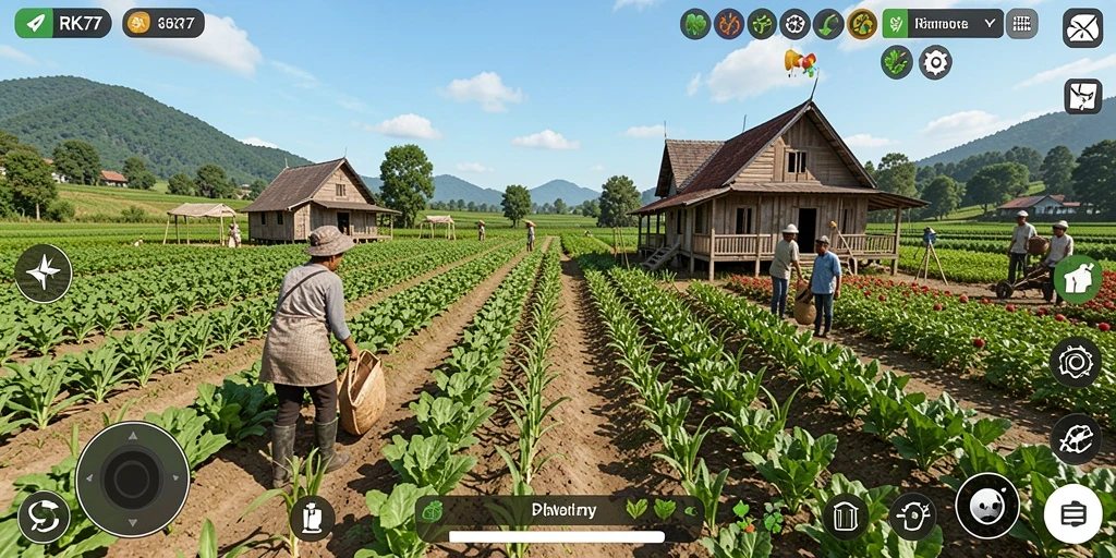 Screenshot RK77 menampilkan gameplay seru bertani dengan berbagai tanaman.