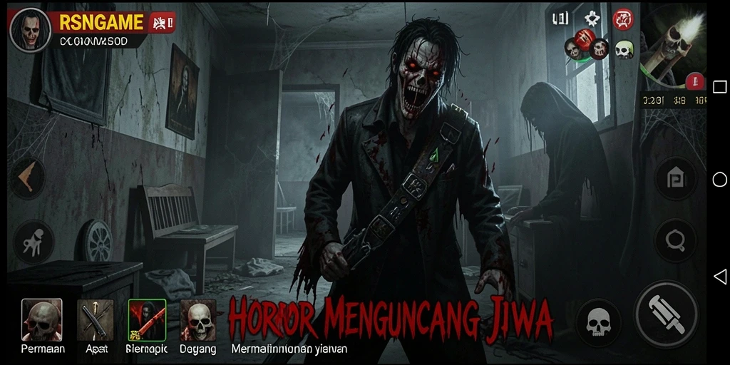 Gameplay RSNGAME dengan efek suara yang menakutkan dan visual menyeramkan.