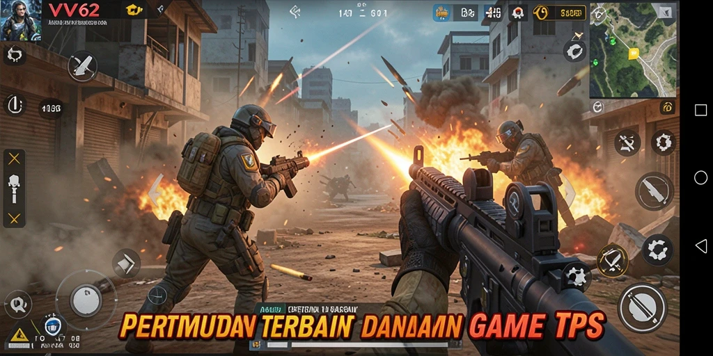 Tangkapan layar utama VV62 menampilkan pertempuran TPS yang seru.